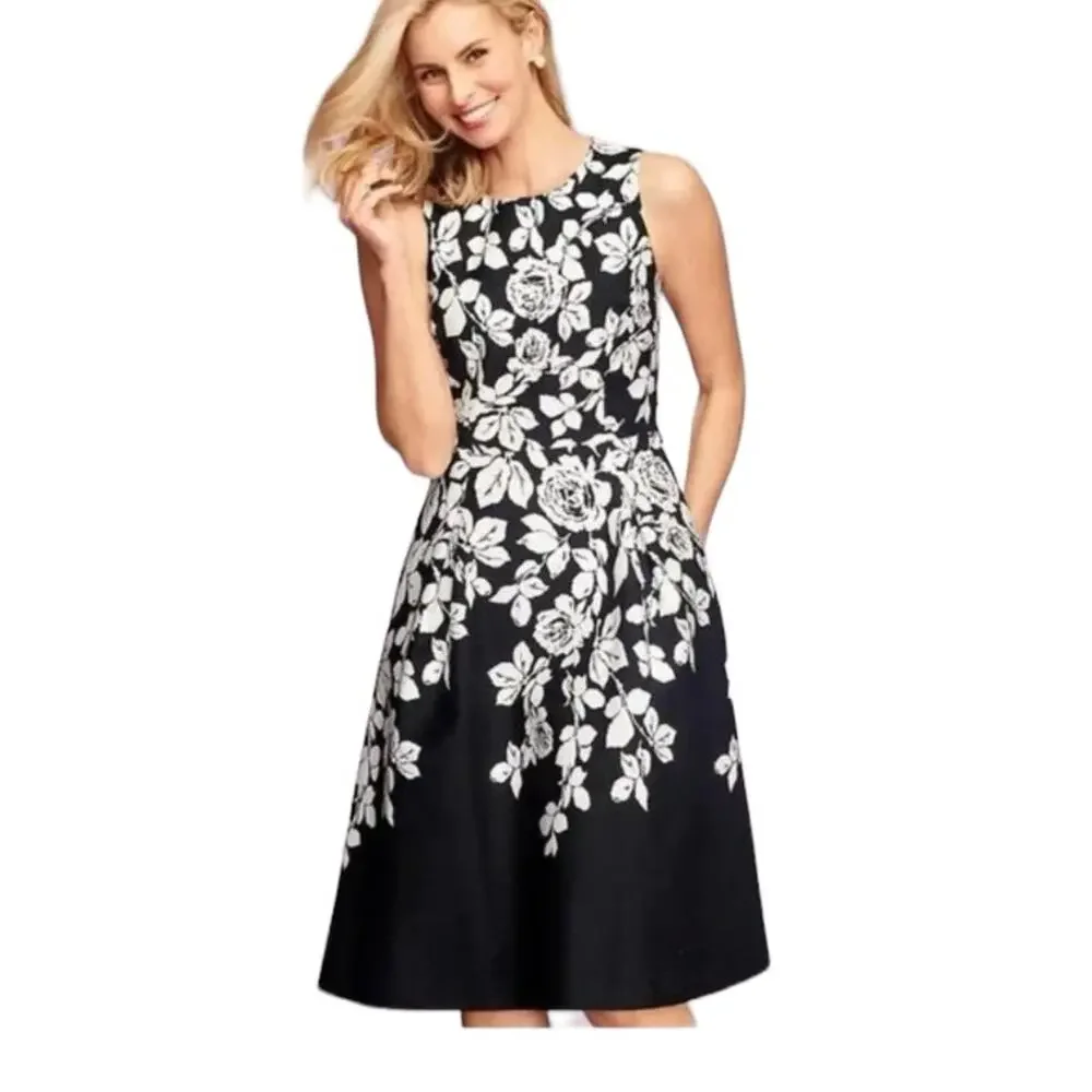Talbot's women's size 6 small black white floral dress business casual tweed lin